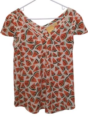 Maeve Picnic Days Watermelon Print V-Neck Boho Top Crochet Detail EUC Size 6